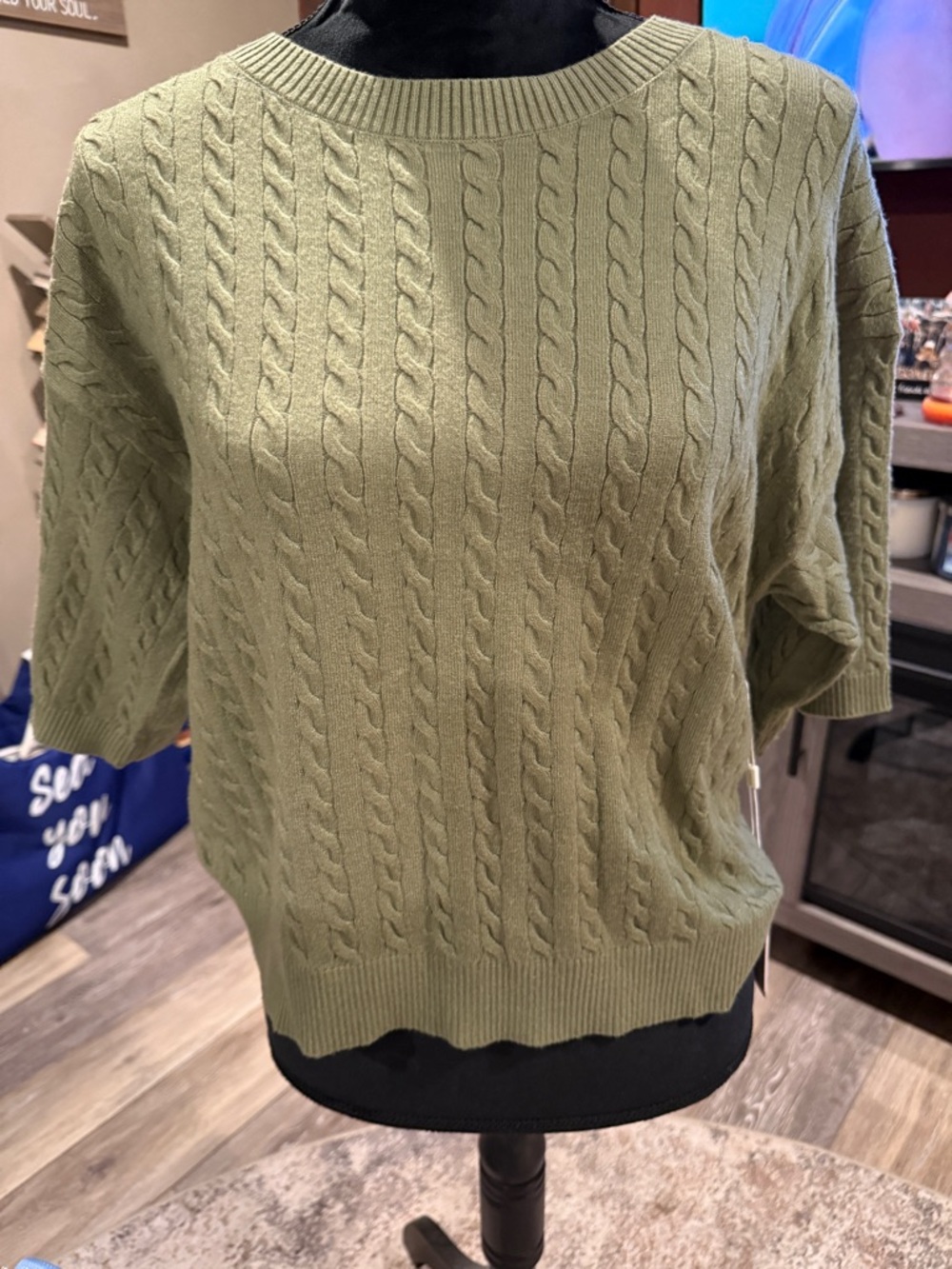 Olive Cable-Knit Short Sleeve Sweater - Women's